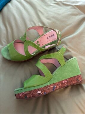 New Portia Green Cork Platform Wedge Sandals